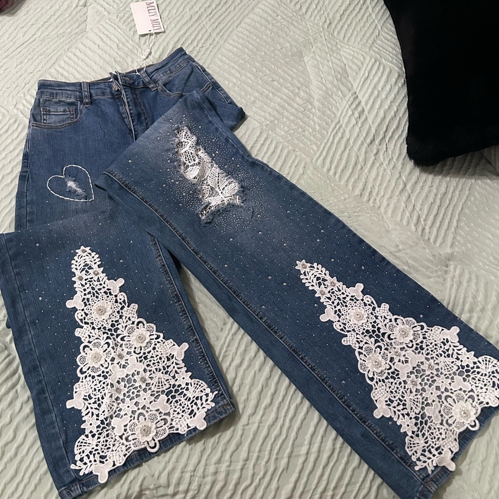 Luxury Rebel Blue Jeans with White Lace Accents